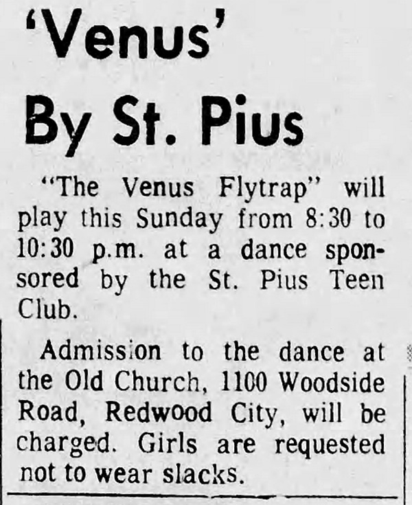 Redwood City Tribune notice for a Venus Flytrap teen club dance